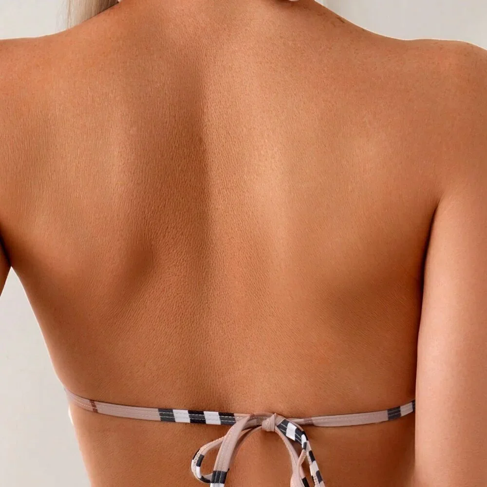 Multicolor Casual Women's Set Striped Trim Print Halter Bikini Top And Bottom